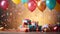 A festive birthday party table with balloons, gifts, and confetti
