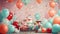 A festive birthday party table with balloons, gifts, and confetti