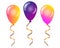 Festive bright balloons with serpentine for cards and greetings. Balloons pink, coral, purple. Set