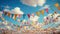 Festive bright multi-colored fairground festival flags on a blue sky