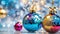 Festive Brilliance: Colorful Christmas Ball Tree Decoration with Bokeh Circles on Reflective Glass Ground.