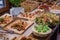 Festive buffet with a variety of cold snacks, selective focus. Catering for special events. Several a La carte dishes on the