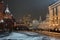 Festive Buildings in Red Square under Snowfall
