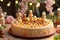 A festive cake adorned with marzipan figures and a variety of nuts and Easter eggs on a celebratory table setting