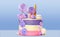 Festive cake with colored stripes of pink and purple decorated with multicolored marshmallows on a blue background for decoration