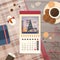 Festive Calendar Decorated Workspace Top Angle View Happy New Year Merry Christmas Greeting Card