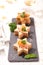 Festive canape with foie gras and salmon