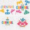 Festive carnaval background set. Brazil holiday banner with carnival mask and color confetti. Vector.