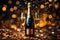 Festive Champagne bottle with glitter, confetti and party streamers on festive background. Happy New Year banner, template,