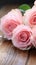 Festive charm Close up of soft pink roses on rustic board