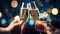 Festive cheers: Two friends toast with champagne flutes on new year\\\'s eve. With copyspace