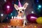 A festive chihuahua pup in a party hat enjoying birthday cake