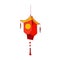 Festive Chinese paper lantern with fringe and pointed shape, hanging on string. Traditional decorative street light in