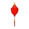 Festive Chinese paper lantern. Hanging red street lamp with fringe in China. Asian traditional holiday decoration with