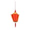Festive Chinese paper lantern. Hanging street red lamp in China. Asian decorative hexagonal light with fringe. Oriental
