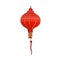 Festive Chinese paper lantern. Red round-shaped street lamp with bead and fringe in China. Tanglung, Asian holiday