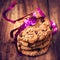 Festive chocolate chip cookies wrapped with ribbon on wooden