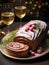 festive chocolate Christmas Yule log adorned with cranberries and powdered sugar and two sparkling glasses of champagne