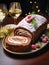 festive chocolate Christmas Yule log adorned with cranberries, rosemary, and powdered sugar and two sparkling glasses of champagne