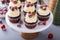 Festive chocolate and orange cupcakes with white chocolate frosting garnished with sugared cranberry