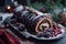 Festive Chocolate Yule Log Cake Decorated with Berries and Pine Cones