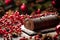 Festive Chocolate Yule Log Cake Decorated with Red Berries and Christmas Ornaments