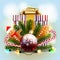 Festive Christmas background with Christmas and New Year elements. Baner with gift box, fir branches, Christmas decoration, garlan