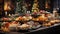 Festive Christmas buffet. Fine Dinner buffet table full of dishes with food, snacks, desserts, and drinks. Warm glow of