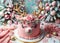 Festive Christmas cake adorned with gold reindeer antlers and roses. The cheerful cake among a backdrop of evergreen, baubles and
