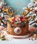 Festive Christmas cake adorned with gold reindeer antlers and roses. The cheerful cake among a backdrop of evergreen, baubles and