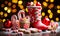 Festive Christmas composition with a red Santa boot filled with candy canes and gingerbread, gifts, and baubles against a