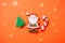 Festive Christmas concept background. Gingerbread Santa, candy c