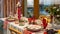 Festive Christmas decoration of the dinner table. Beautiful green red service, plate glass cup. Santa Claus in a red coat and a