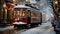 Festive Christmas Holiday Decorated Town Trolley Driving Down the Street. Generative AI