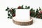 Festive Christmas mockup scene with handmade paper place card on wooden cut board and holly red berries, leaves and