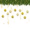 Festive Christmas or New Year Background. Christmas fir-tree branches with confetti and xmas gold balls. Holiday`s Background.