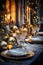 Festive Christmas and New Year evening table setting with interior decorations background