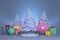Festive Christmas podium in very berry color with Christmas balls, Christmas trees and gifts. A pedestal for the New Year and