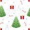 Festive Christmas seamless pattern. Cute funny snowman, Christmas green tree, snowflake and red gift box with gold bow on white ba