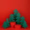 Festive Christmas stage with red cylinder podium mockup with green spruces as forest for presentation cosmetic products