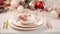 a festive Christmas table setting arranged on a white wooden table, featuring elegant dinnerware, holiday decorations