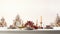 a festive Christmas table setting arranged on a white wooden table, featuring elegant dinnerware, holiday decorations