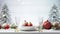 a festive Christmas table setting arranged on a white wooden table, featuring elegant dinnerware, holiday decorations