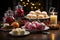 Festive Christmas table with sweet treats, AI generation