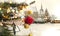 Festive Christmas tree green branch red ball gold confetti and yellow garland illumination romantic lantern  candle on  snowy str