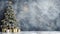 Festive christmas tree with presents against dark wall, blurred lights, copy space