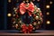 Festive Christmas wreath adorned with red bows
