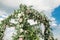 A festive chuppah decorated with fresh beautiful flowers for an outdoor wedding ceremony