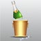 Festive cold bottle of champagne in ice bucket on transparent background