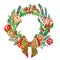 Festive colorful Christmas wreath with elements and symbols of seasonal holiday. Pine and spruce branches, candy cane, gingerbread
